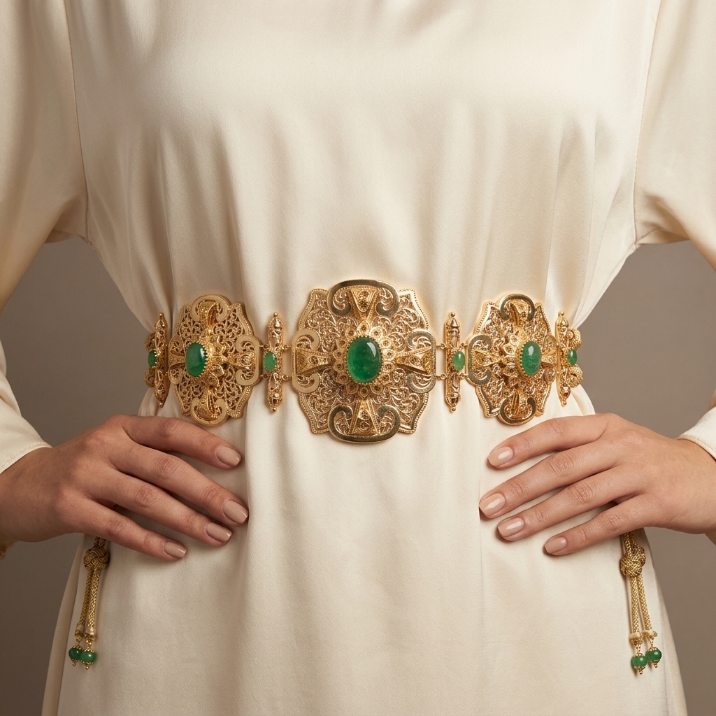 Ceinture majdoul beldi ajourée en or jaune 18k sertie de pierres vertes - bijou porté par une mannequin