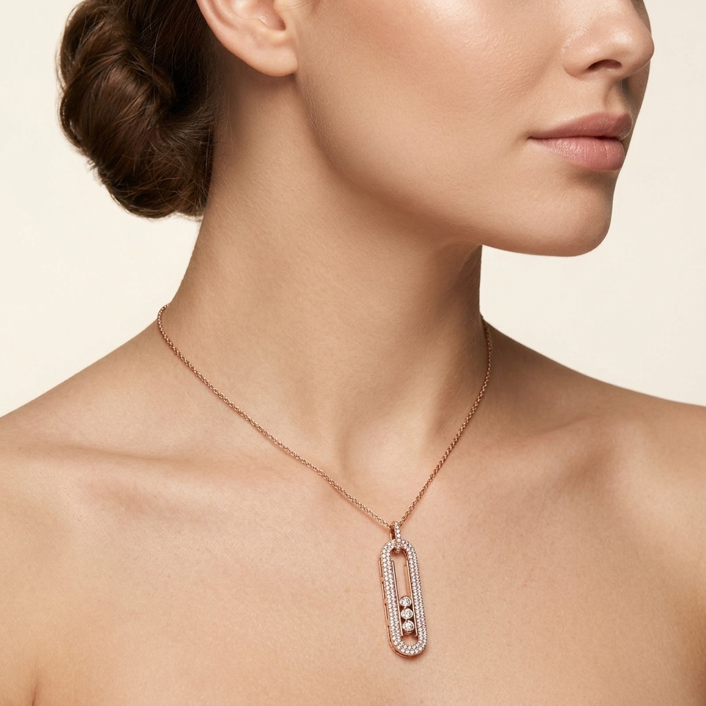 Collier Or Rose - Pendentif Ovale Allongé Serti de Pierres — présenté sur mannequin