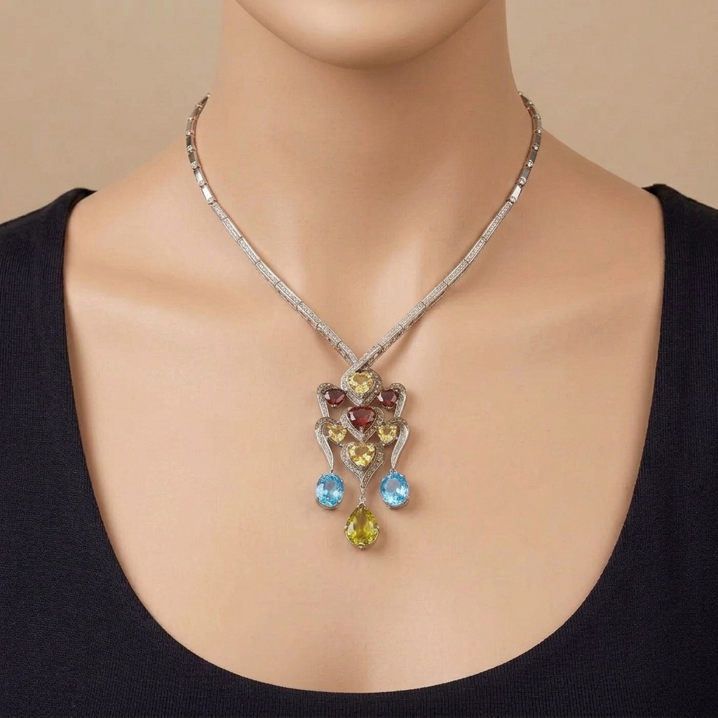 Collier Or Blanc - Pendentif Serti de Pierres Multicolores, Gouttes Bleues et Jaune — présenté sur mannequin