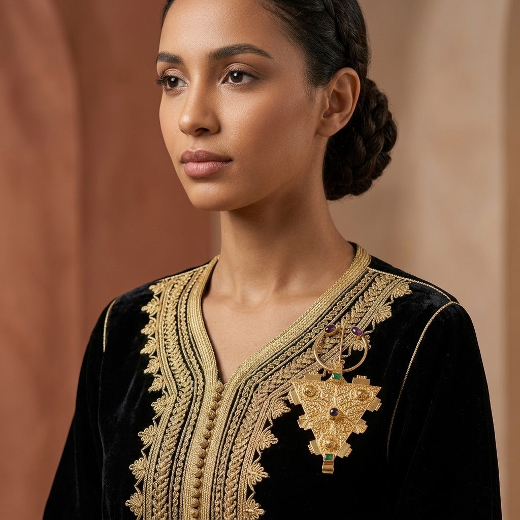 Broche tazerzit berbère en or jaune 18k sertie de pierres - bijou porté par une mannequin