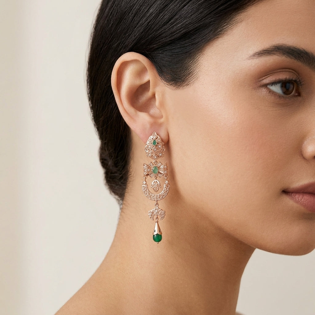 Boucles d'oreilles pendantes beldi ajourées en or rose 18k serties de pierres vertes synthétiques - bijou porté par une mannequin