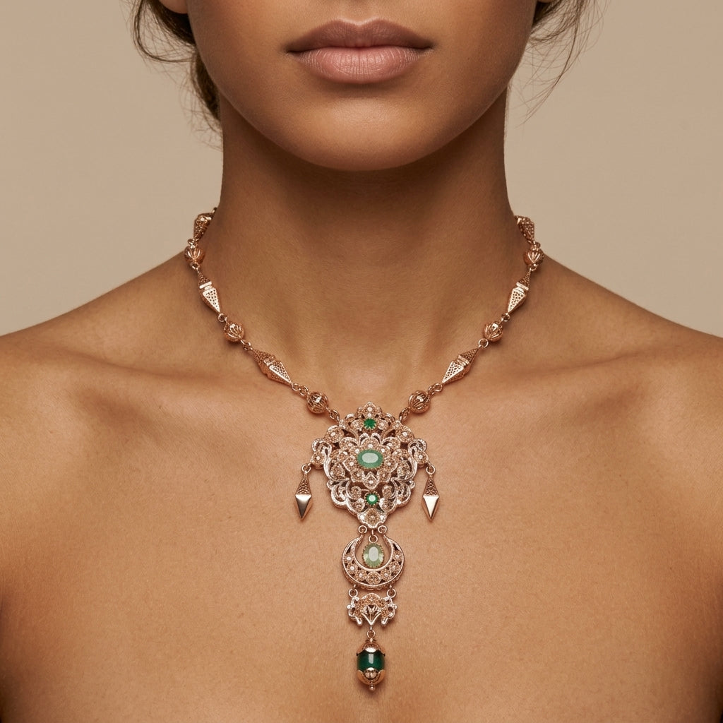Sautoir beldi ciselé en or rose 18k pendentif rosace serti de pierres vertes synthétiques - bijou porté par une mannequin