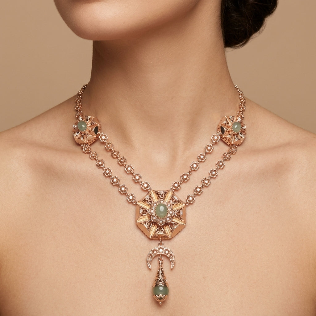 Collier beldi double rang en or rose 18k rosaces serties de pierres synthétiques, pendentif croissant - bijou porté par une mannequin