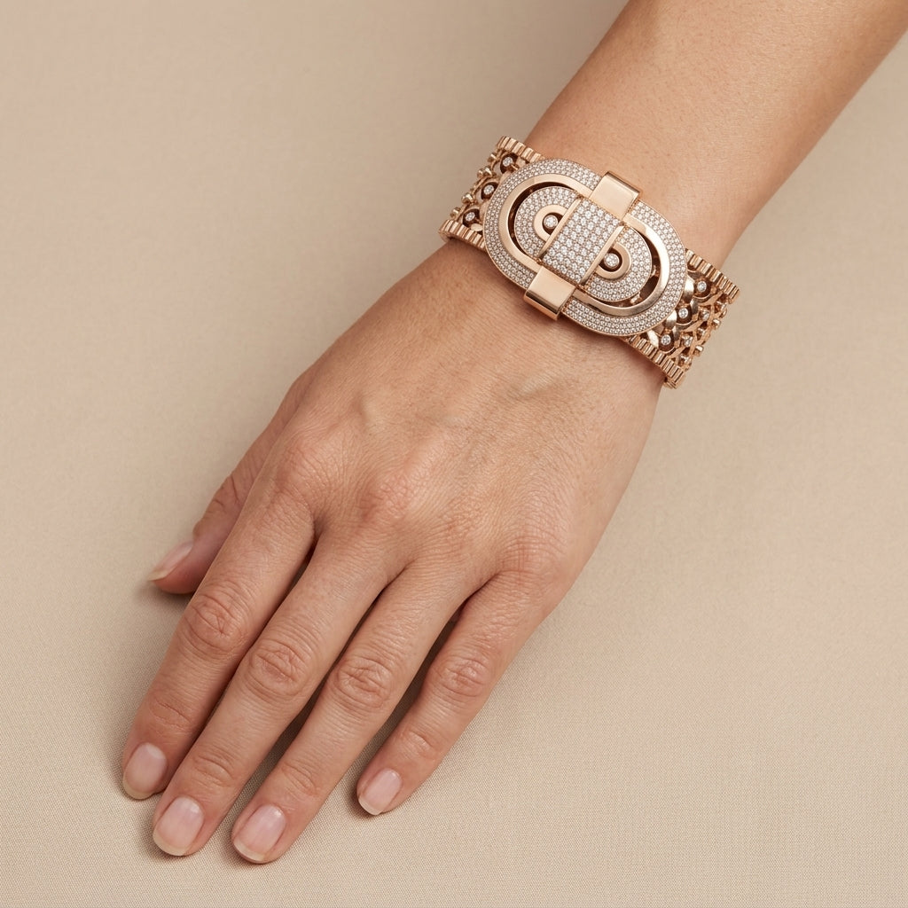 Manchette maille cubaine en or rose 18k boucle pavée de pierres - bijou porté par une mannequin