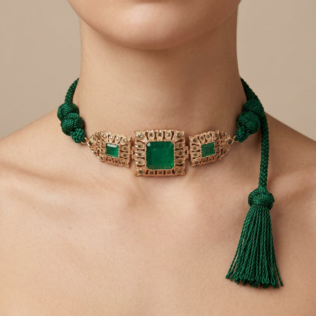 Choker majdoul cordon vert en or rose 18k trois plaques serties de pierres vertes - bijou porté par une mannequin
