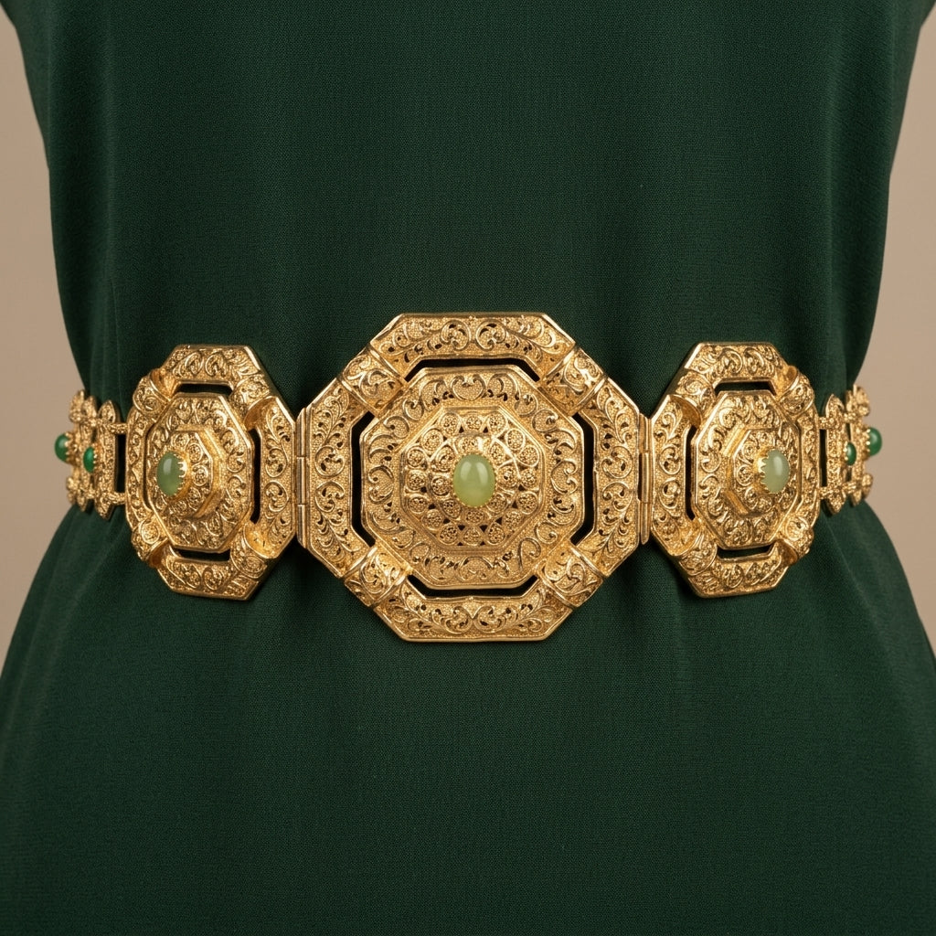 Ceinture majdoul beldi ajourée en or jaune 18k sertie de pierres vertes - bijou porté par une mannequin