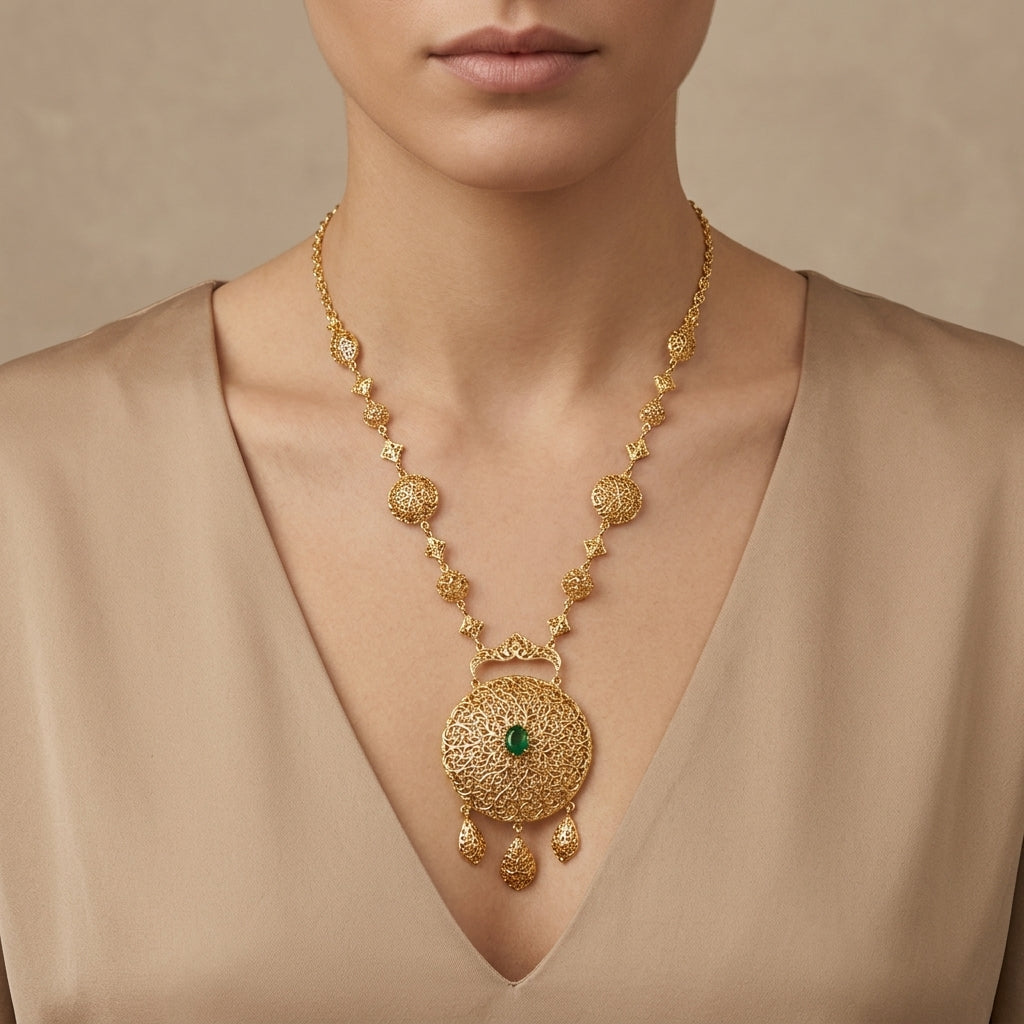 Sautoir beldi en or jaune 18k pendentif rond ajouré ciselé, pierre verte, pampilles - bijou porté par une mannequin