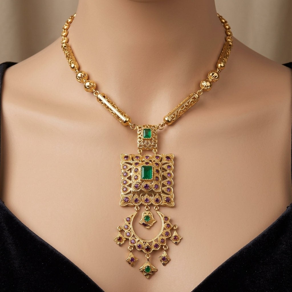 Collier beldi en or rose 18k pendentif carré à franges serti de pierres synthétiques - bijou porté par une mannequin