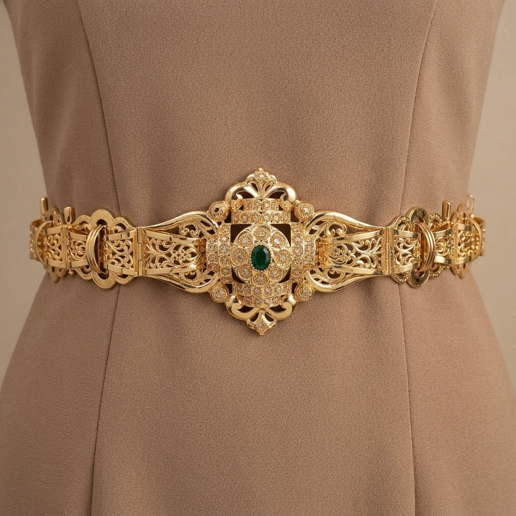 Ceinture beldi ajourée en or rose 18k sertie de pierres vertes - bijou porté par une mannequin