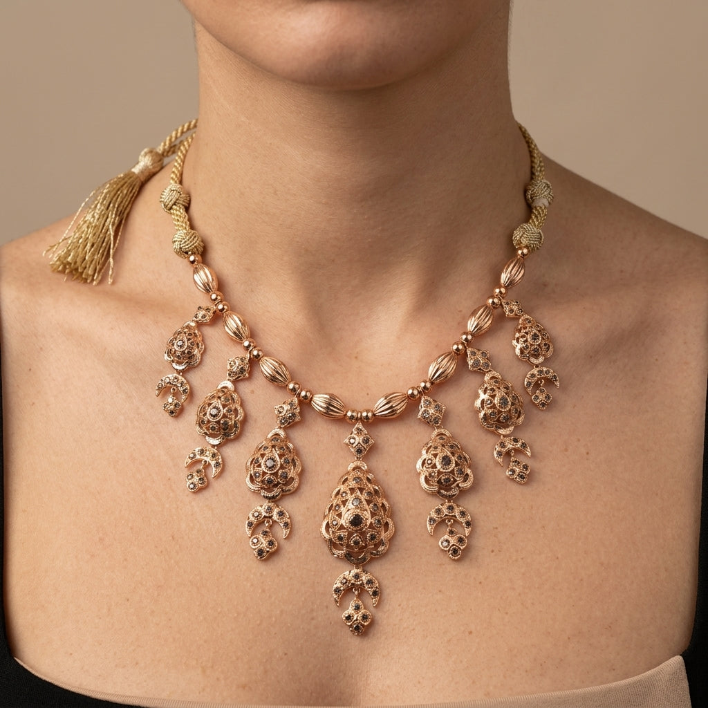 Collier majdoul beldi en or rose 18k rosaces ajourées serties de pierres, pendentif goutte - bijou porté par une mannequin