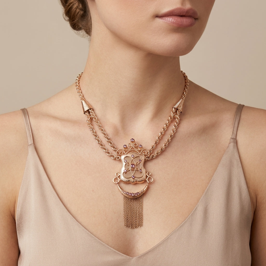Collier boulhya en or rose 18k pendentif ajouré à franges - bijou porté par une mannequin