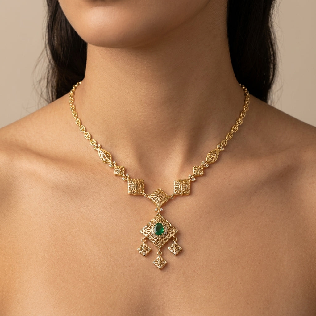 Collier beldi ajouré en or jaune 18k pendentif serti de pierres, pierre verte - bijou porté par une mannequin