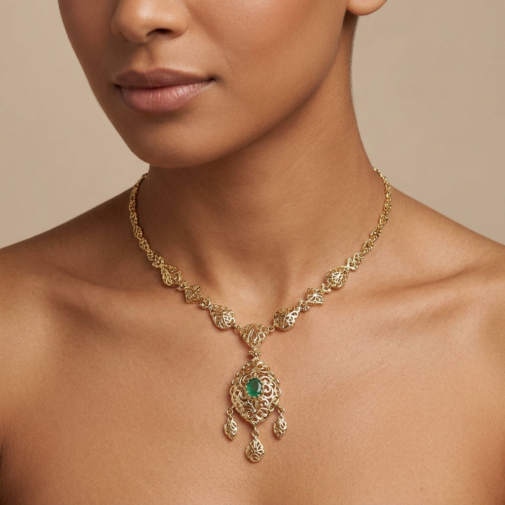 Collier beldi ajouré en or jaune 18k pendentif ovale à pampilles, pierre verte - bijou porté par une mannequin