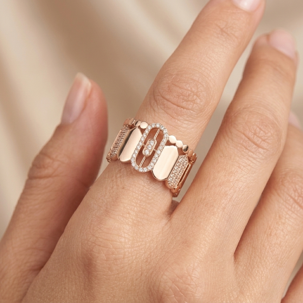 Bague Large Or Rose - Sertie de Pierres, Motif Clouté — présenté sur mannequin