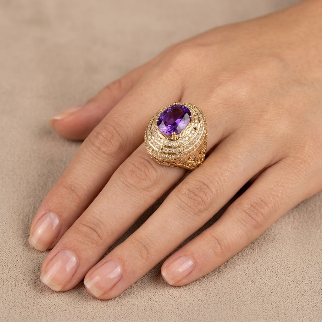 Bague dôme en or jaune 18k pierre violette ovale entourage serti - bijou porté par une mannequin