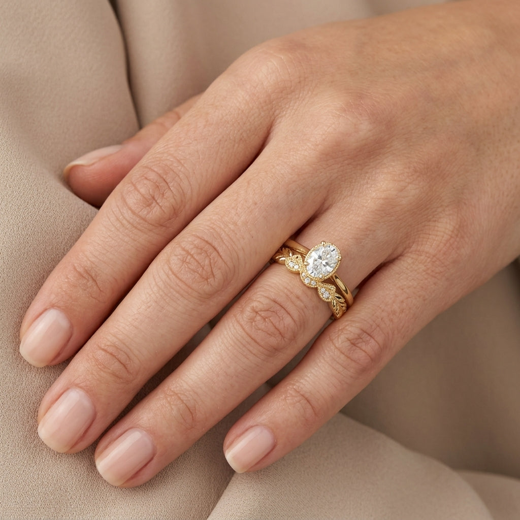Bague solitaire en or jaune 18k anneau ciselé - bijou porté par une mannequin