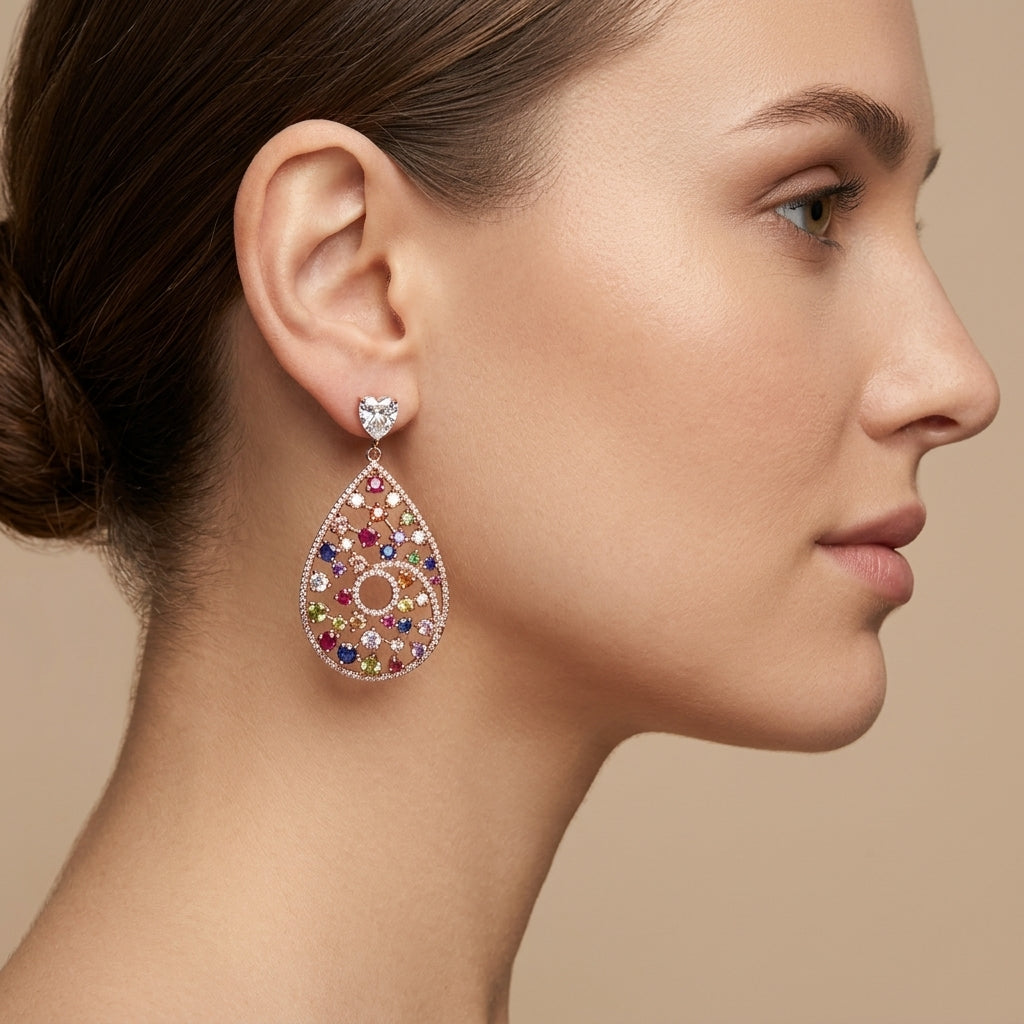 Boucles d'oreilles pendantes gouttes en or rose 18k serties de pierres multicolores - bijou porté par une mannequin