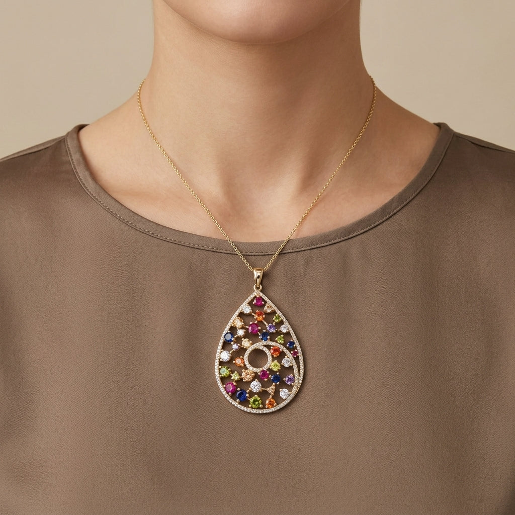 Pendentif goutte en or jaune 18k serti de pierres multicolores - bijou porté par une mannequin