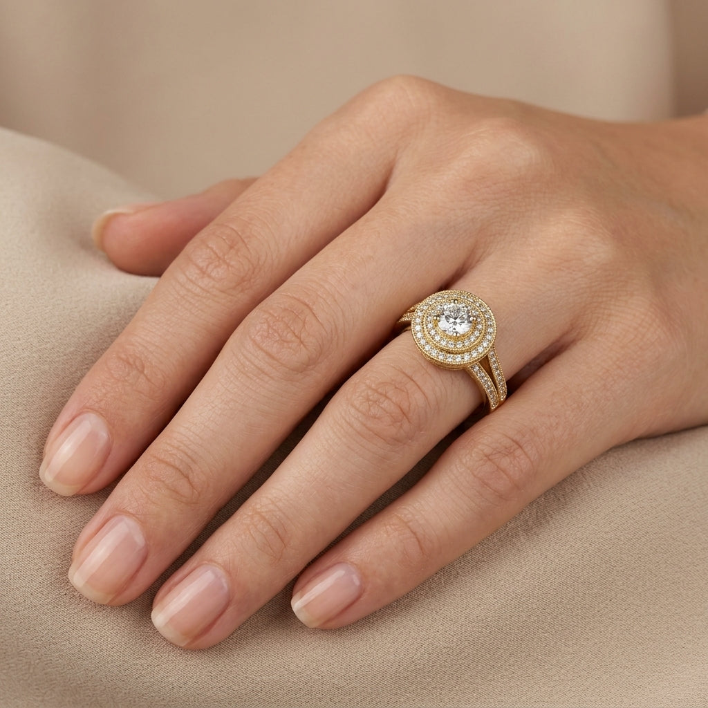 Bague solitaire double halo en or jaune 18k - bijou porté par une mannequin