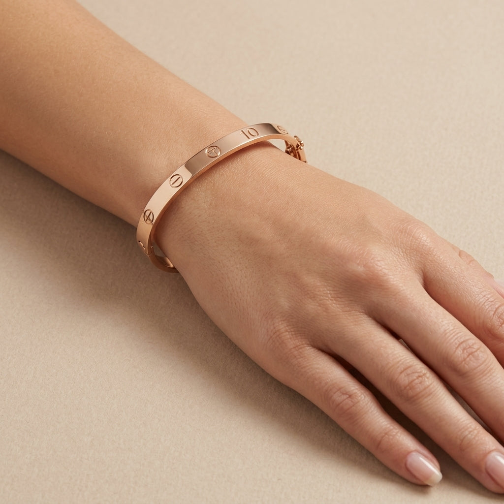Bracelet jonc vis en or rose 18k - bijou porté par une mannequin