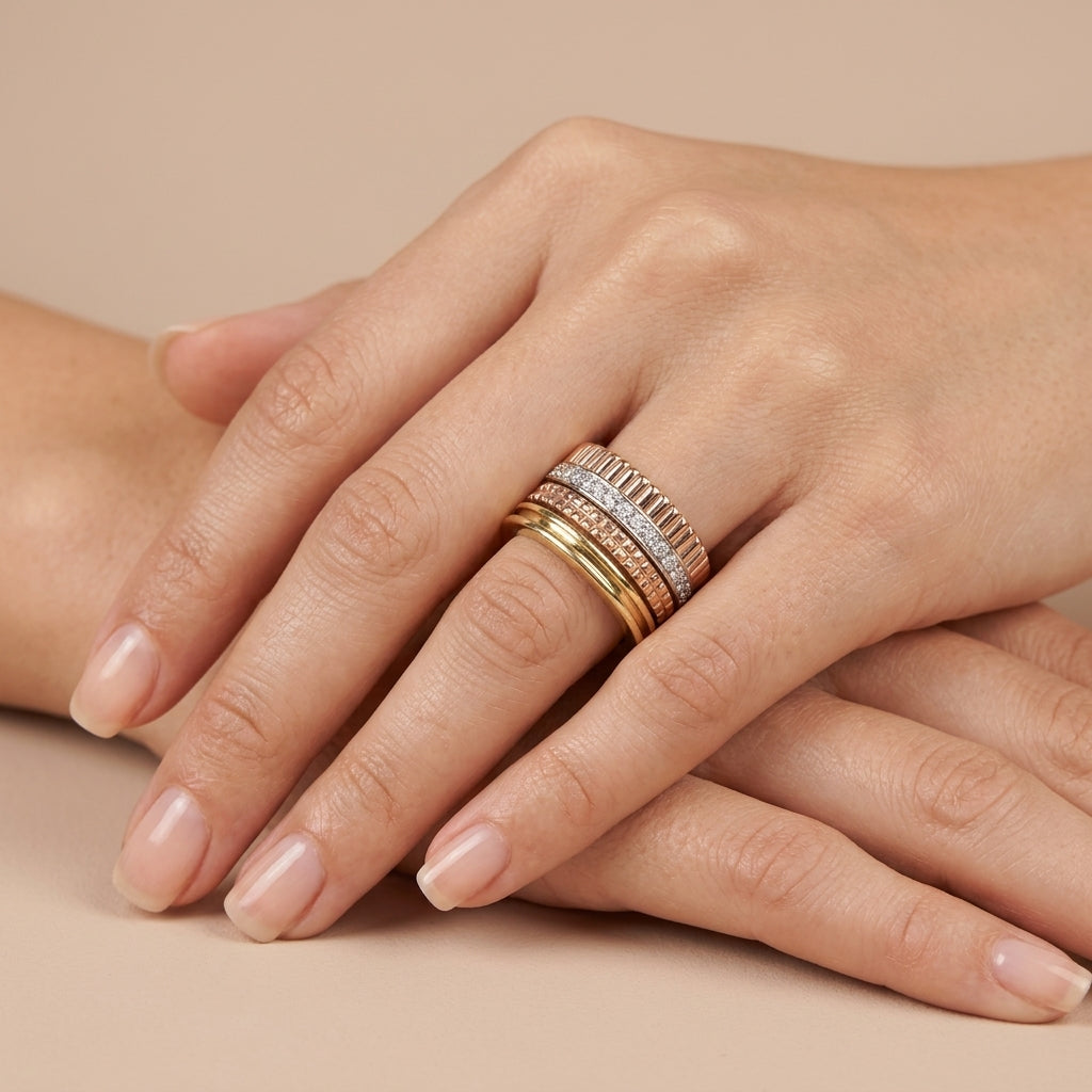 Bague large en or jaune et rose 18k sertie de pierres, anneaux multiples - bijou porté par une mannequin