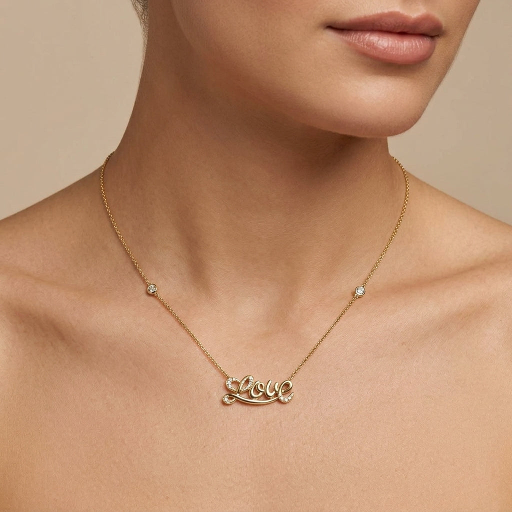 Collier en or jaune 18k pendentif Love serti de pierres - bijou porté par une mannequin