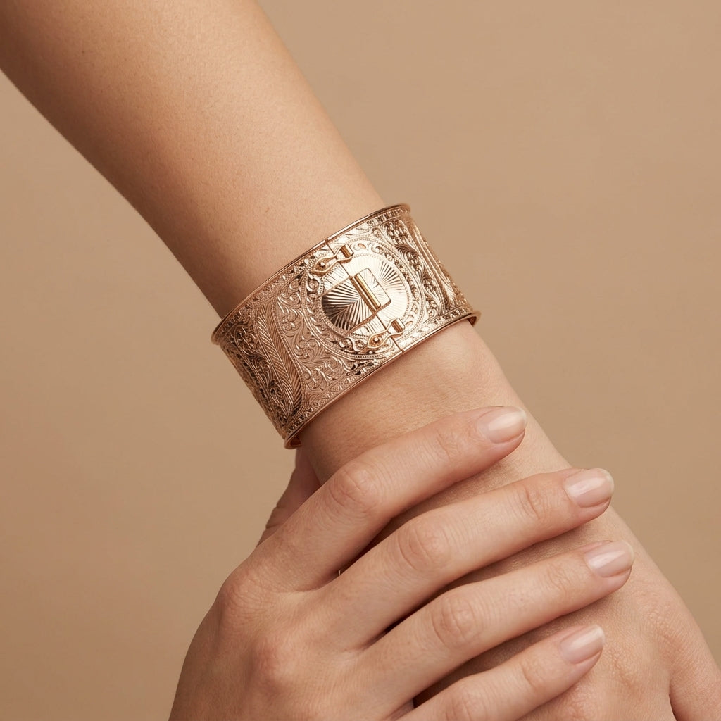 Manchette large beldi ciselée en or rose 18k - bijou porté par une mannequin