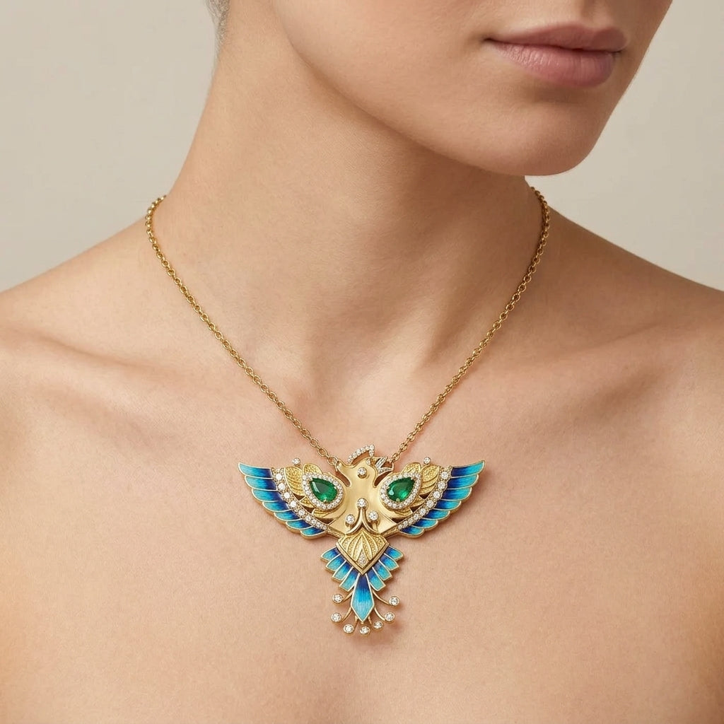Collier en or jaune 18k pendentif phénix émaillé bleu et vert serti de pierres - bijou porté par une mannequin