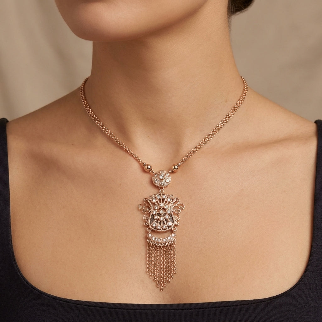 Collier boulhya en or rose 18k pendentif ajouré à franges - bijou porté par une mannequin