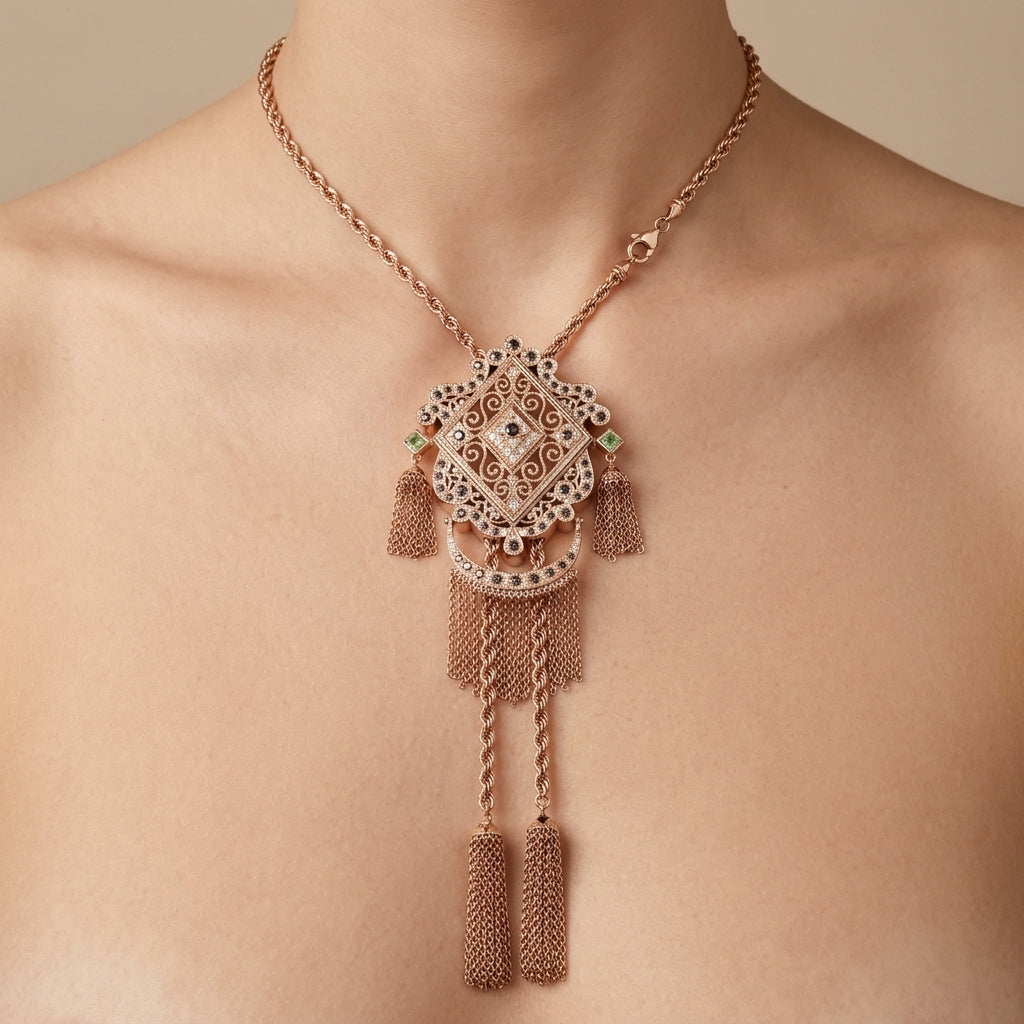 Sautoir boulhya en or rose 18k pendentif rosace serti, pompons - bijou porté par une mannequin