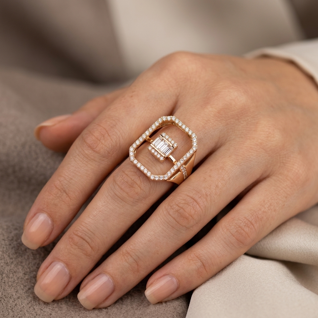 Bague Or Rose - Ovale Ouvert Serti, Pierre Mobile — présenté sur mannequin