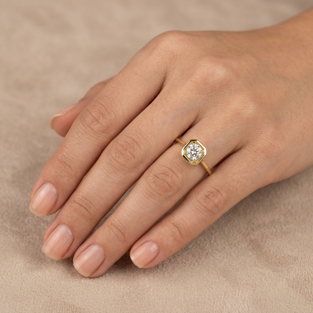 Bague solitaire fine en or jaune 18k - bijou porté par une mannequin
