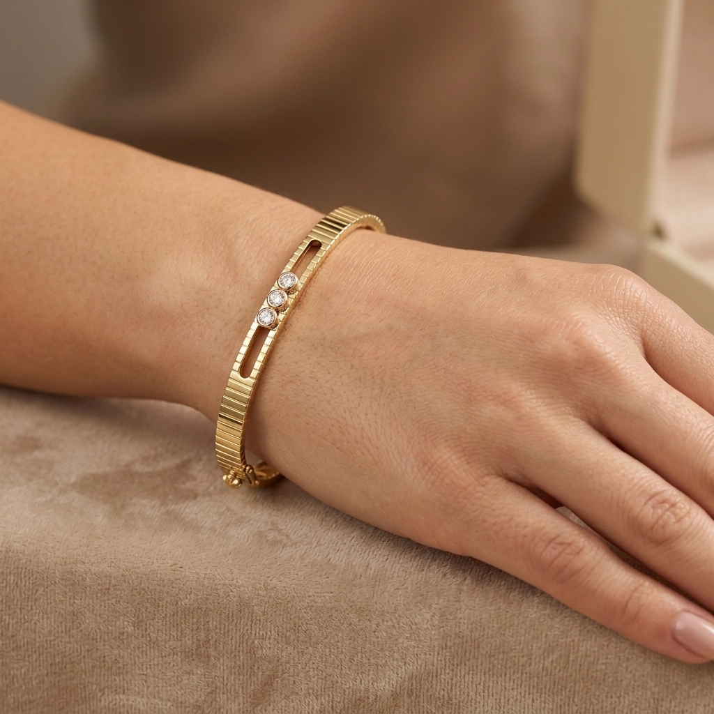 Bracelet Jonc Plat Or Jaune - Serti de Pierres — présenté sur mannequin
