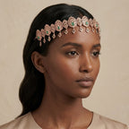 Diadème beldi en or rose 18k rosaces serties, pierres vertes et pampilles - bijou porté par une mannequin