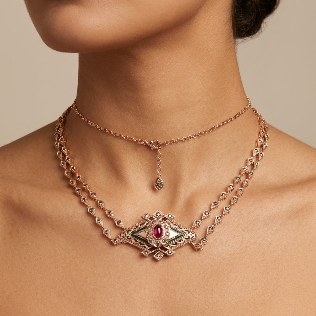 Choker double chaîne en or rose 18k rosace sertie, pierre rouge - bijou porté par une mannequin