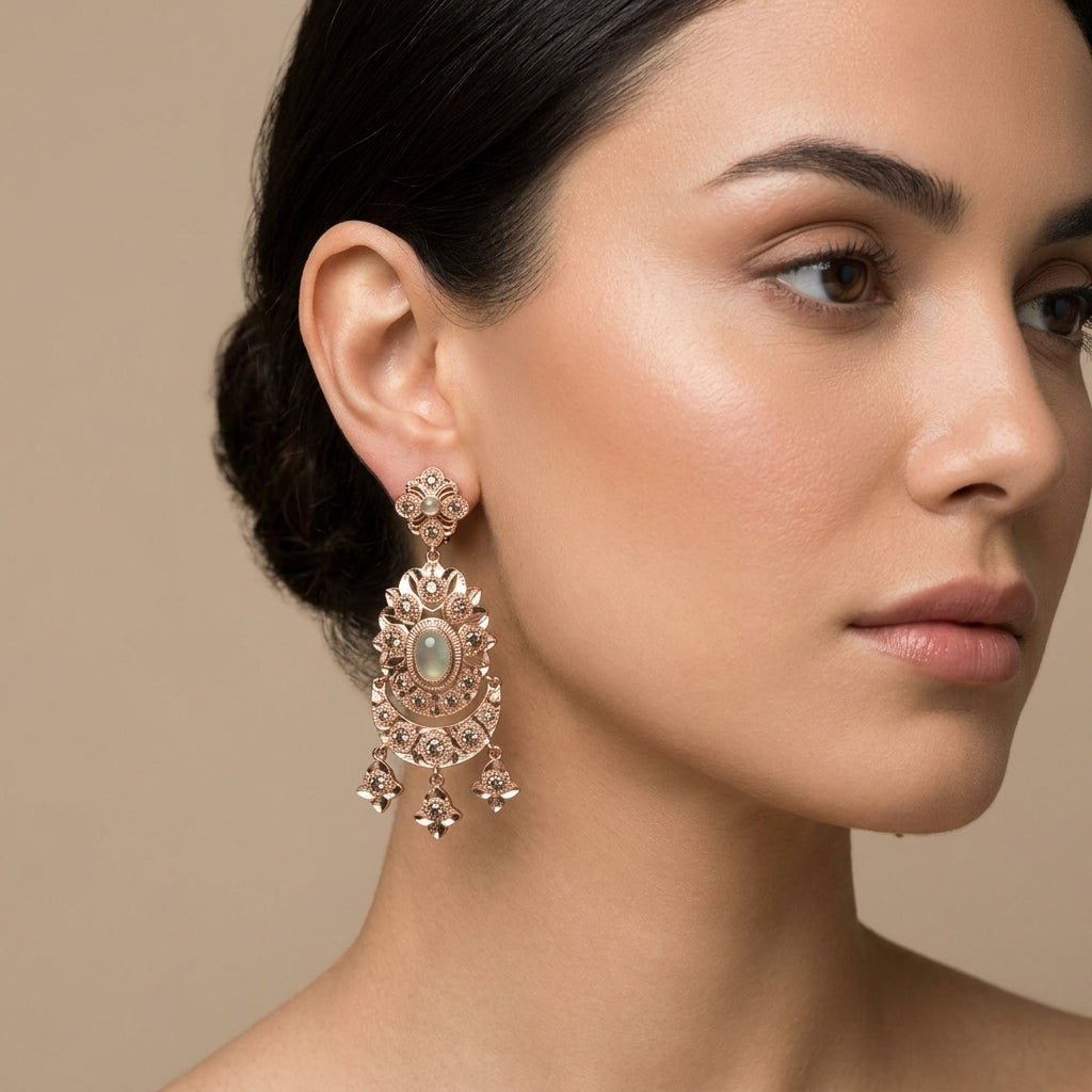 Boucles d'oreilles pendantes beldi rosaces en or rose 18k serties, pierres vertes, pampilles - bijou porté par une mannequin