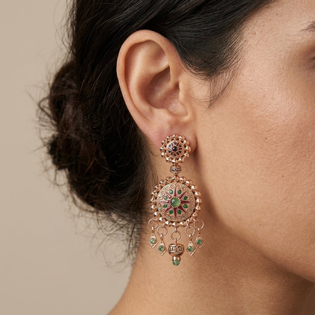 Boucles d'oreilles pendantes beldi rosaces en or rose 18k serties de pierres multicolores, pampilles - bijou porté par une mannequin