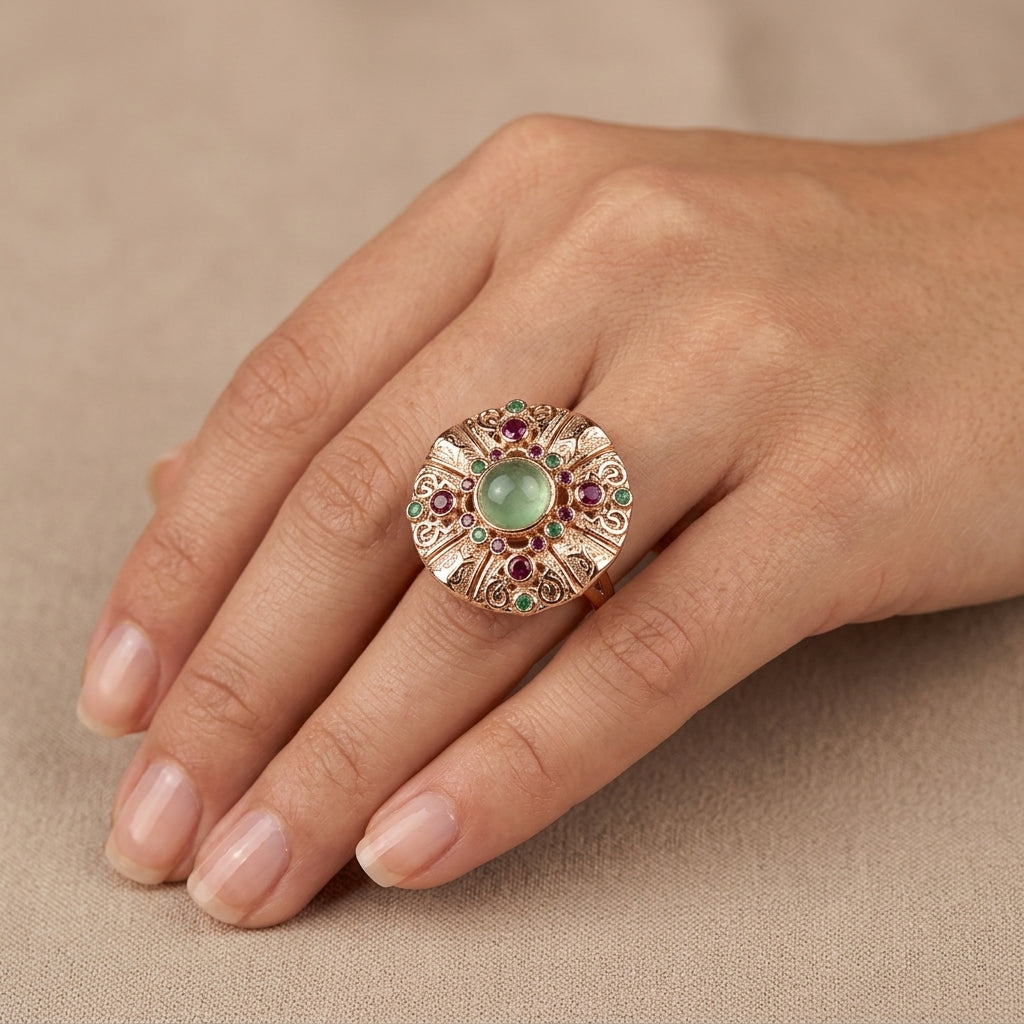Bague beldi rosace en or rose 18k sertie de pierres, pierre verte - bijou porté par une mannequin