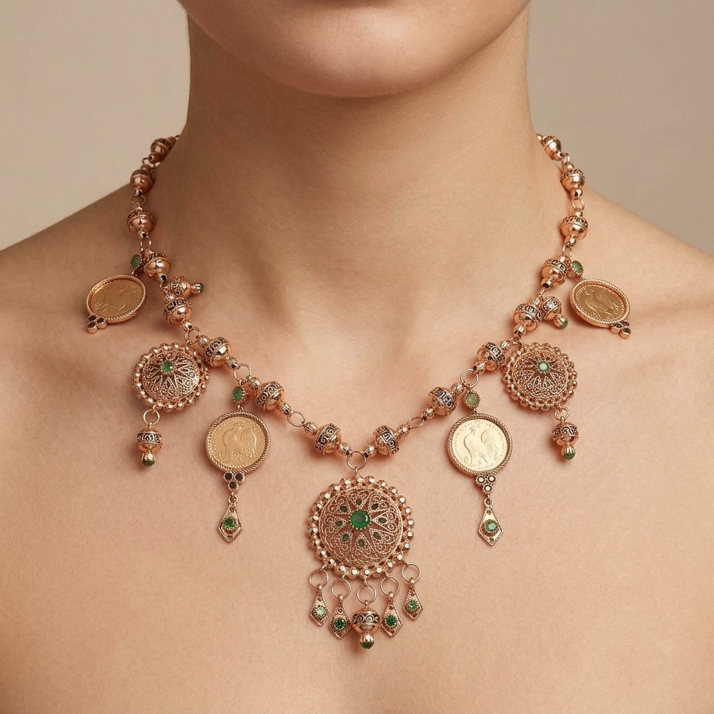 Collier beldi en or rose 18k louis, rosaces serties et pampilles - bijou porté par une mannequin