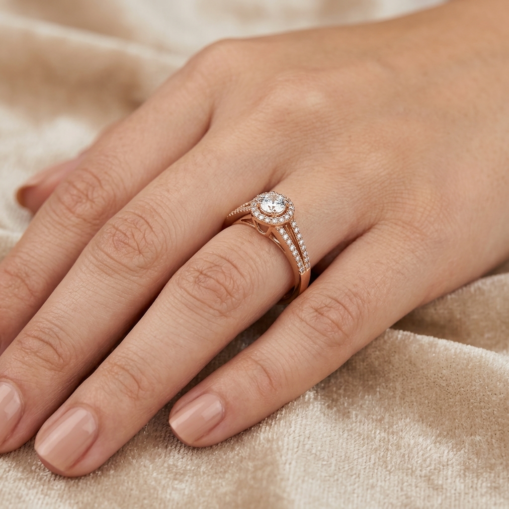 Bague Solitaire Halo Or Rose - Anneau Serti de Pierres — présenté sur mannequin