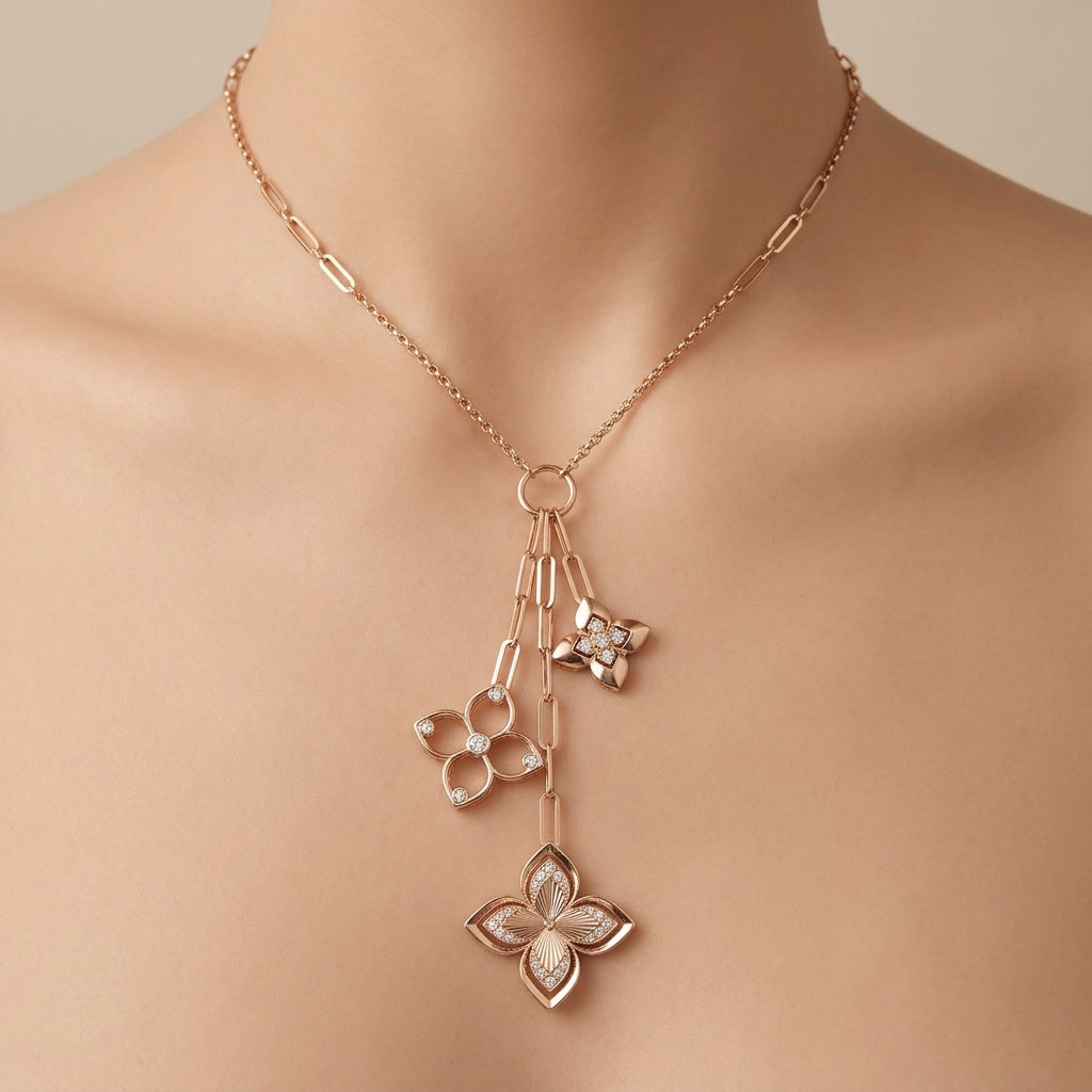 Sautoir en or rose 18k pampilles fleurs, pierre mobile - bijou porté par une mannequin