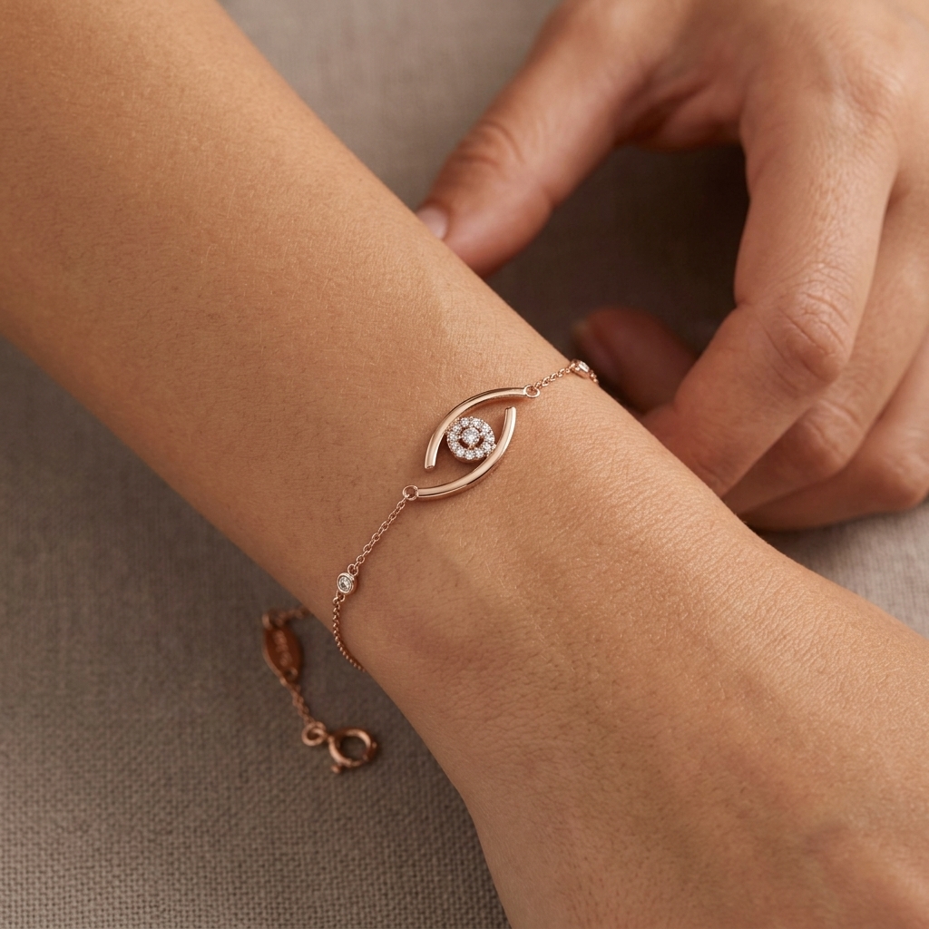 Bracelet Chaîne Or Rose - Œil Serti de Pierres — présenté sur mannequin