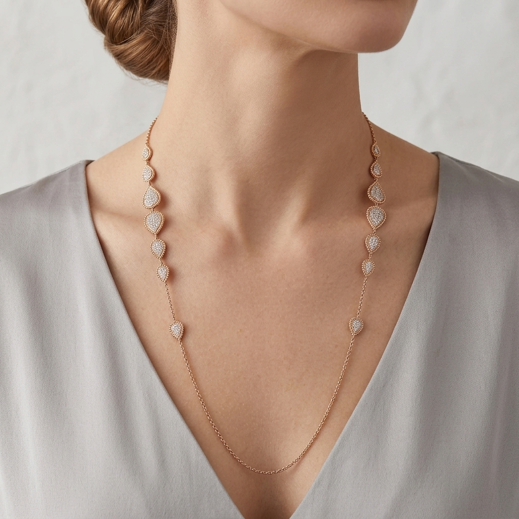 Sautoir Long Or Rose - Gouttes et Ronds Sertis en Station — présenté sur mannequin