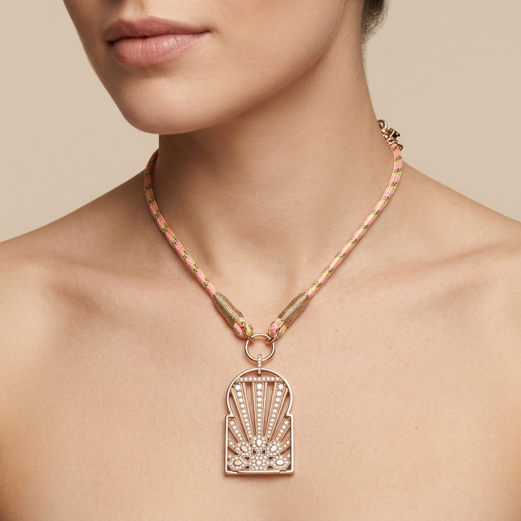 Collier cordon rose pendentif porte marocaine ajourée en or rose 18k sertie - bijou porté par une mannequin