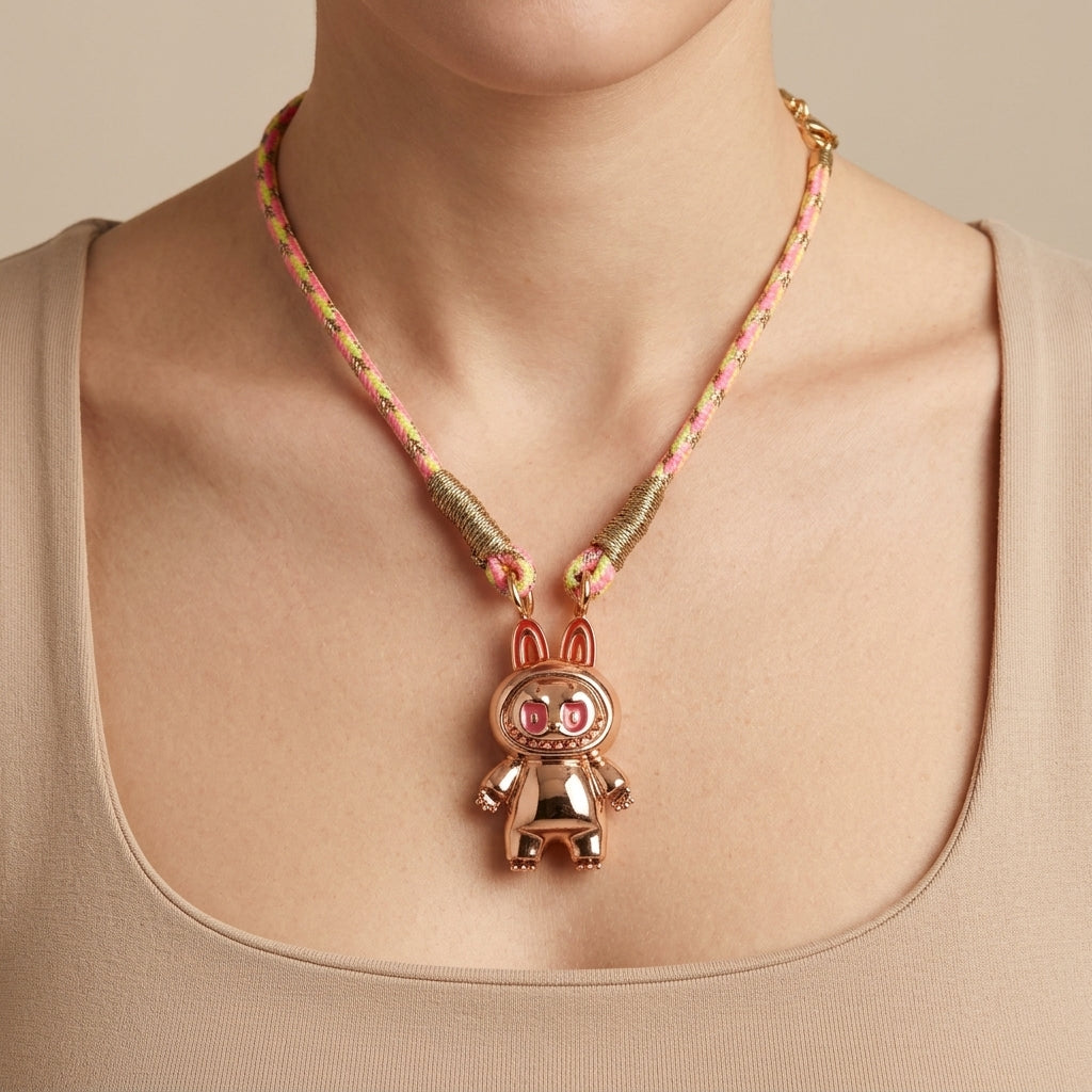 Collier cordon rose pendentif lapin en or rose 18k émaillé - bijou porté par une mannequin