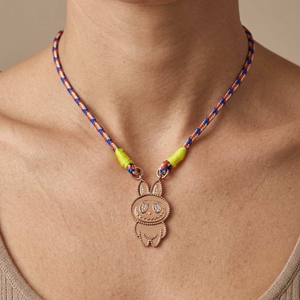 Collier cordon bleu et rose pendentif lapin en or rose 18k serti - bijou porté par une mannequin
