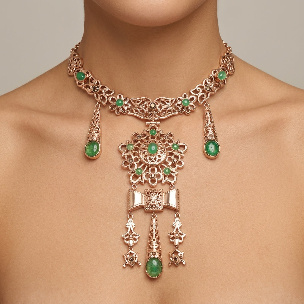 Collier beldi ajouré en or rose 18k rosaces serties, pierres vertes et pampilles - bijou porté par une mannequin