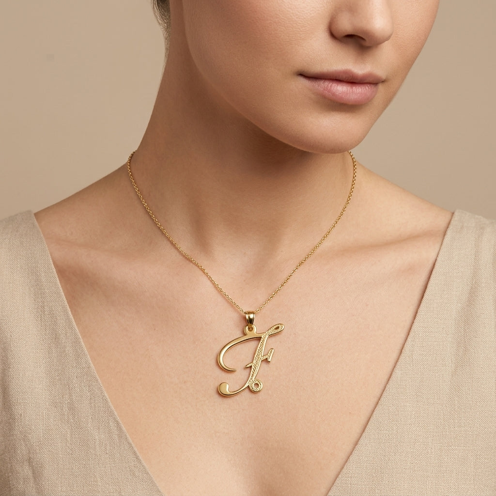 Pendentif lettre F en or jaune 18k - bijou porté par une mannequin