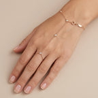 Bracelet-bague en or rose 18k chaîne d'annulaire, pierres en station - bijou porté par une mannequin