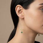 Boucles d'oreilles pendantes chaînettes en or jaune 18k cercles et pierres vertes - bijou porté par une mannequin